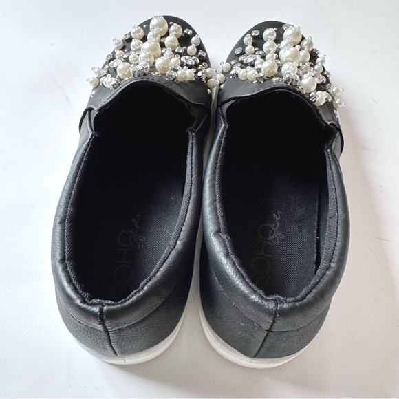 Black Faux Leather Slip On Loafers Embellished with Faux Pearls and Rhinestones - Picture 6 of 12